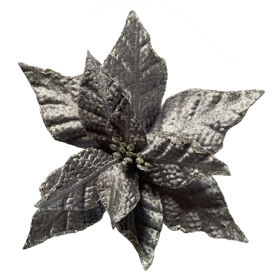 POINSETTIA HEAD PLATINUM 7.5" VELVET W/SILVER GLITTER EDGE & CLIP