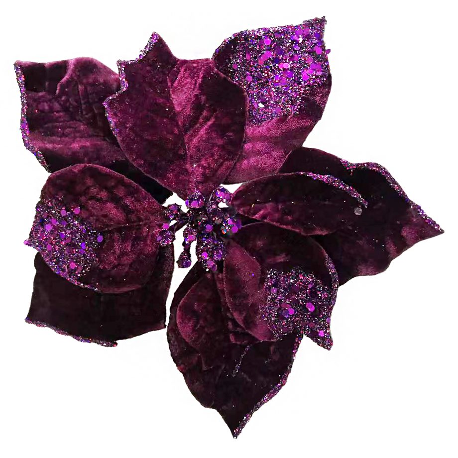 POINSETTIA HEAD PURPLE 9" PRE FORMED W/GLITTER & CLIP CARDED