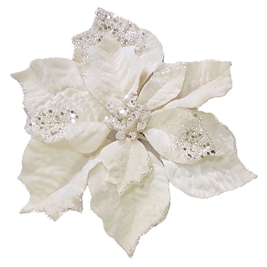 POINSETTIA HEAD CREAM 10" PRE FORMED W/ GLITTER & CLIP CARDED