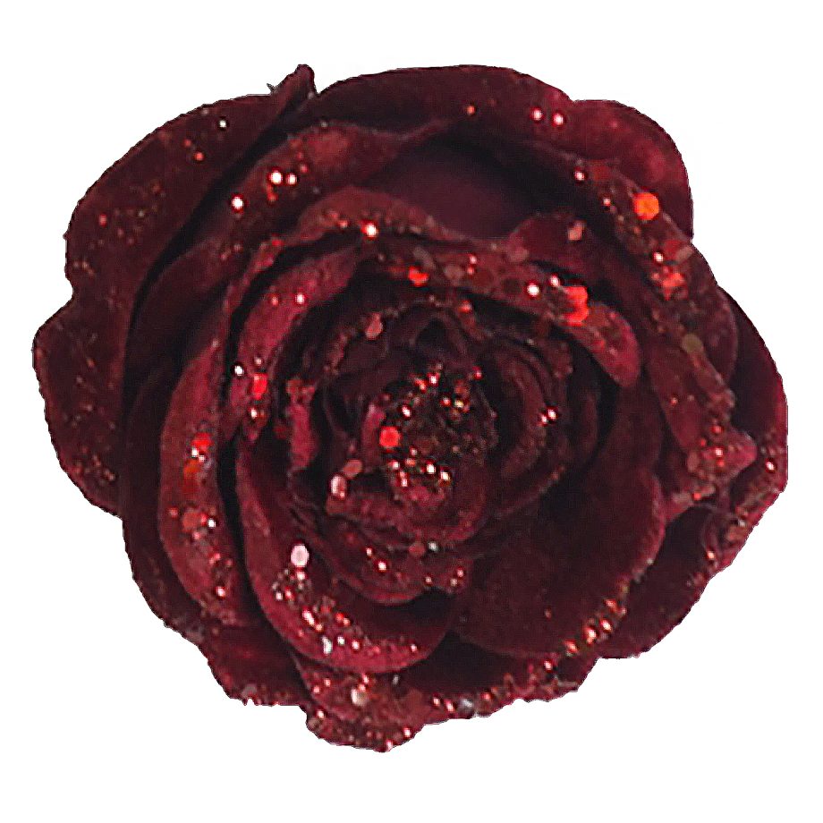 ROSE HEAD BURGUNDY 5" CARDED W/ GLITTER & CLIP