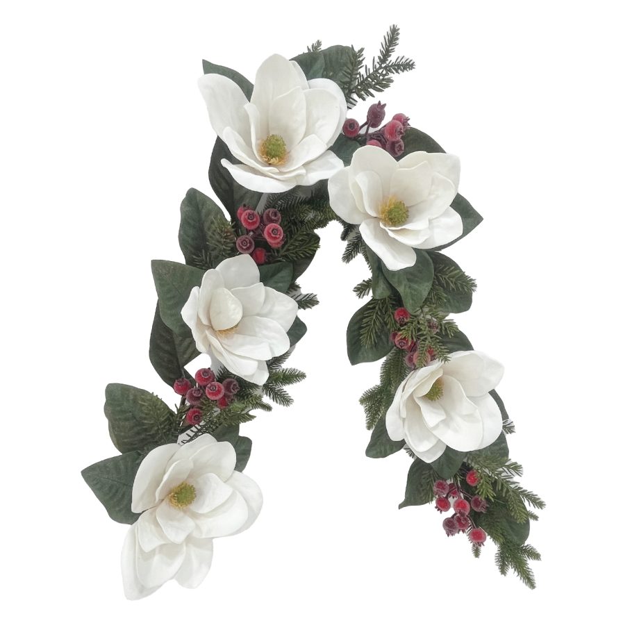 GARLAND WHITE MAGNOLIA 60" W/MIXED GREENS & ICED RED BERRIES