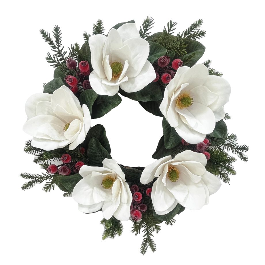 WREATH WHITE MAGNOLIA 24" W/ MIXED GREENS & ICED RED BERRIES