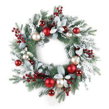 WREATH MIXED PINES W/ BERRIES & BALLS 24" RED/GREEN/GOLD