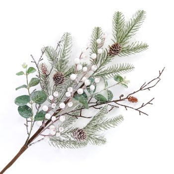 SPRAY FROSTED MIXED GREENERY 30" GREEN/WHITE W/ CONE, TWIGS & BERRIES