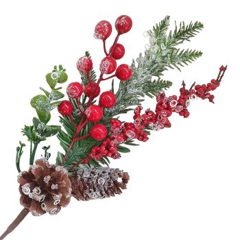 SPRAY GRN PINE 16" RED BERRY, PINE CONES & GREENERY ICED