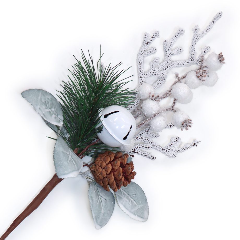 PICK ICED TWIGS & BERRIES 13.5" GREEN/WHITE W/ PINE, CONE & BELL
