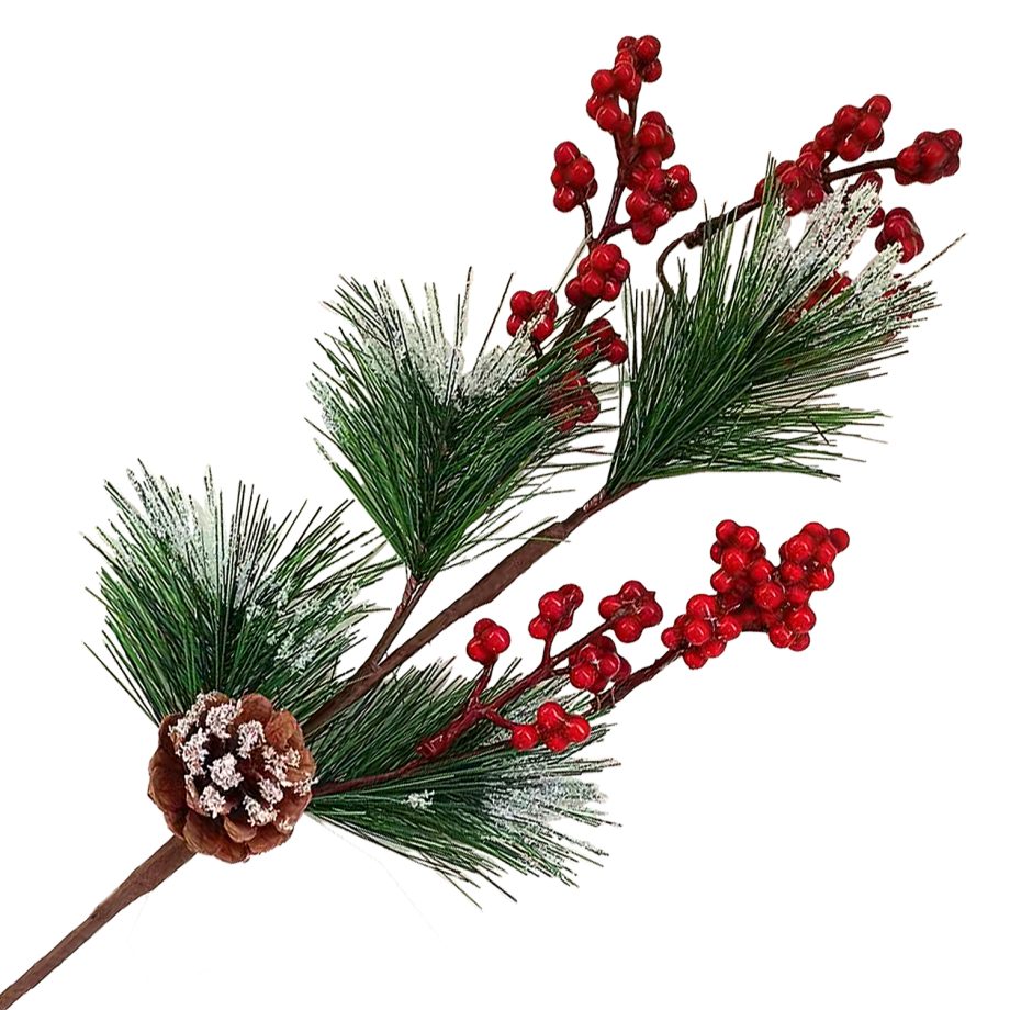 SPRAY FROSTED NEEDLE PINE 19.5" GREEN/RED W/ BERRIES & PINE CONE