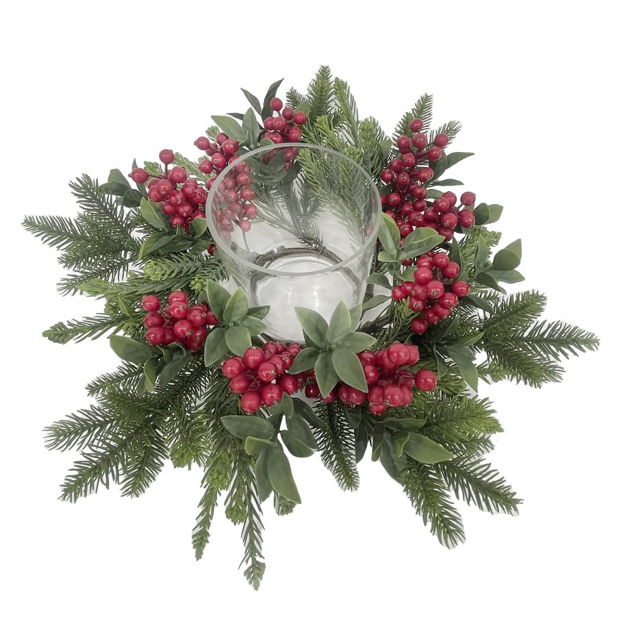 TABLE DECOR W/ CANDLE HOLDER 14" RED BERRIES W/ PE PINE