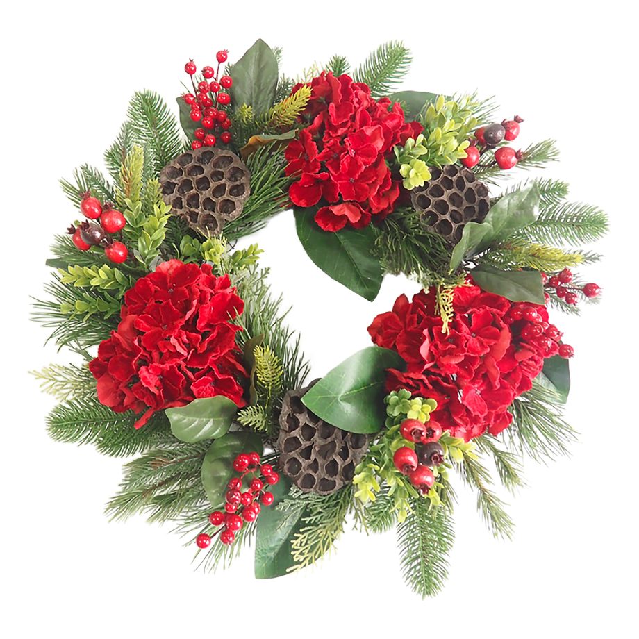 WREATH RED HYDRANGEA 24" W/LOTUS PODS,  MIXED GREENS & RED BERRIES