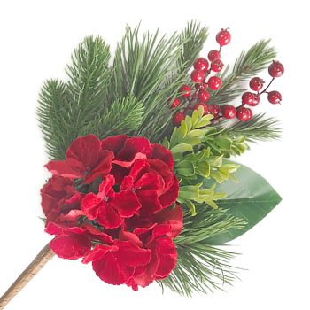 SPRAY RED HYDRANGEA 16" /LOTUS POD W/ MIXED GREENERY & RED BERRIES