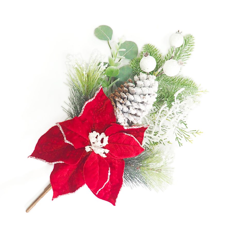 SPRAY RED POINSETTIA 16"/MINI POD /MIXED GREENERY W/ BERRIES FLOCKED