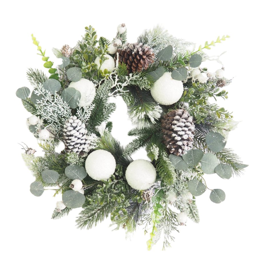 WREATH PINE FROSTED 24" MIXED PINE W/ EUCALPTUS, PINE CONES & SOW BALLS