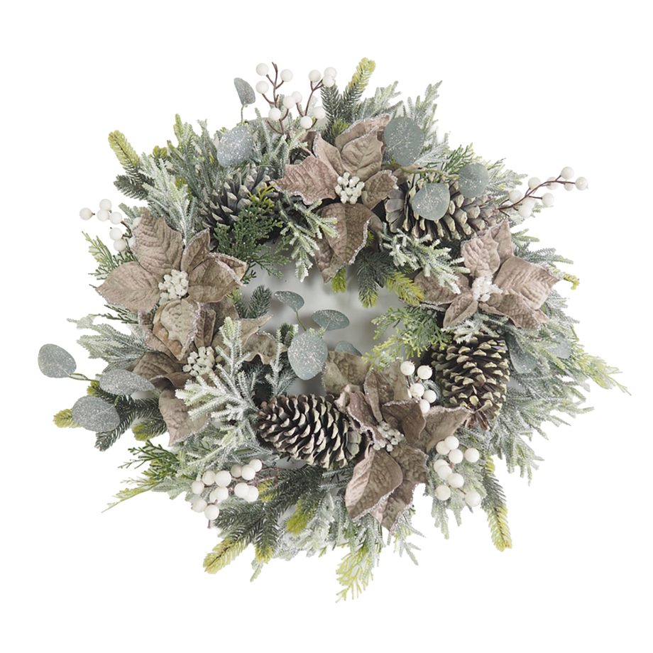 WREATH TAUPE POINSETTIA 24" FROSTED W/ MIXED GREENS & CONES