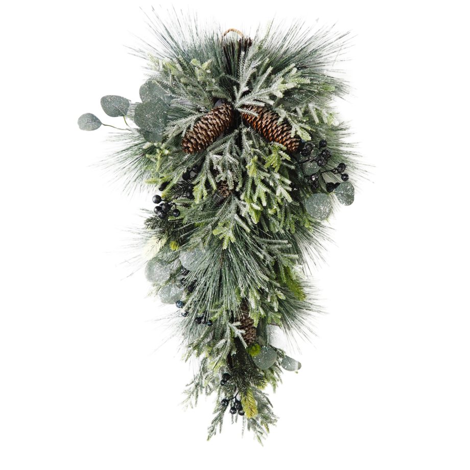 TEARDROP 30" FROSTED MIXED PINE/PINE CONE W/ BERRIES GREEN/BLACK