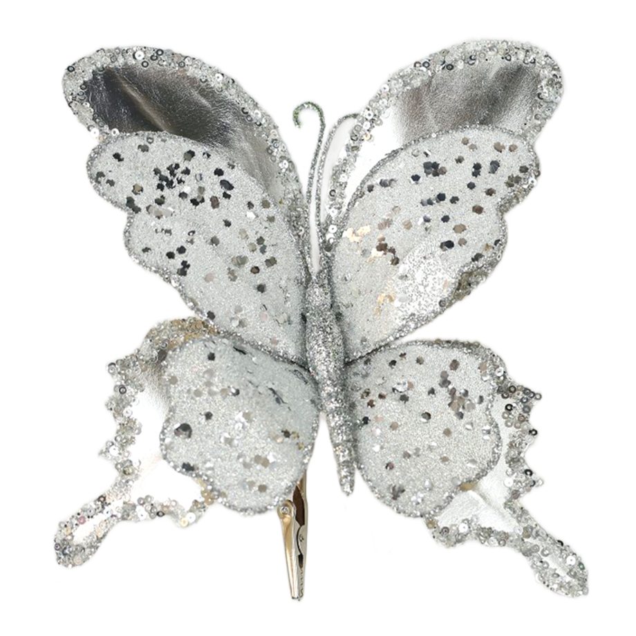 BUTTERFLY SILVER 8.2X7.8" LEATHER METALLIC GLITTER