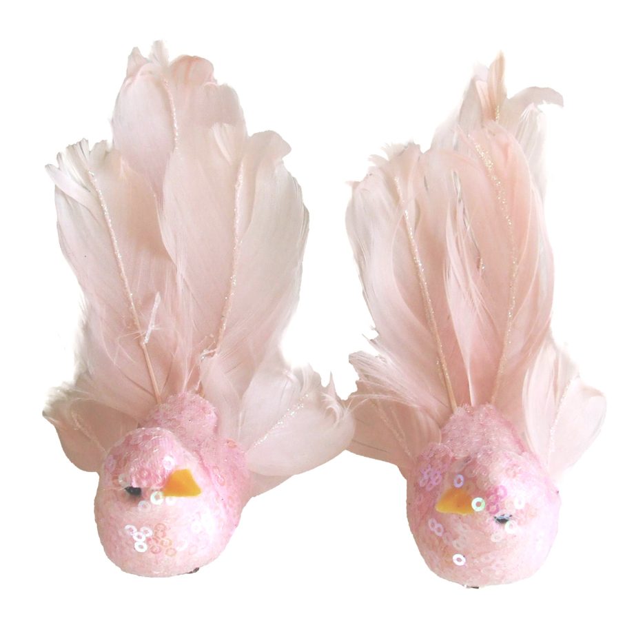BIRD PINK FEATHERS/FABRIC 6" PINK GLITTER & SEQUINS W/ CLIP 2 ASSTD.