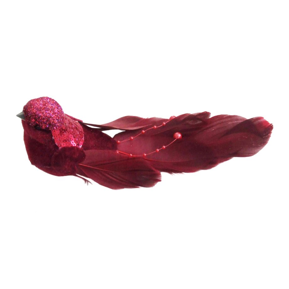 BIRD BURGUNDY FEATHERS/FABRIC 7.5" BURGUNDY GLITTER, BEADS & SEQUINS W/ CLIP