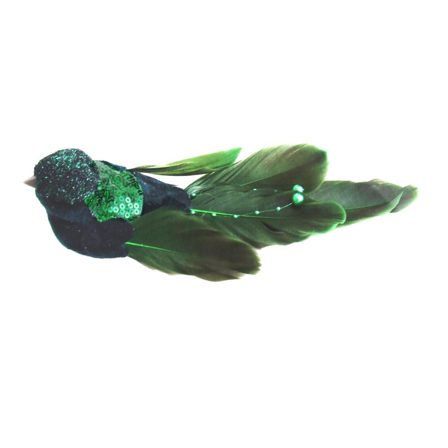 BIRD GREEN -DARK FEATHERS/FABRIC 7.5" DARK GREEN GLITTER, BEADS & SEQUINS W/ CLIP