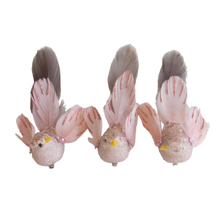 BIRD PINK FEATHERS/FABRIC 6.5" PINK GLITTER & BEADS W/ CLIP 3 ASSTD.