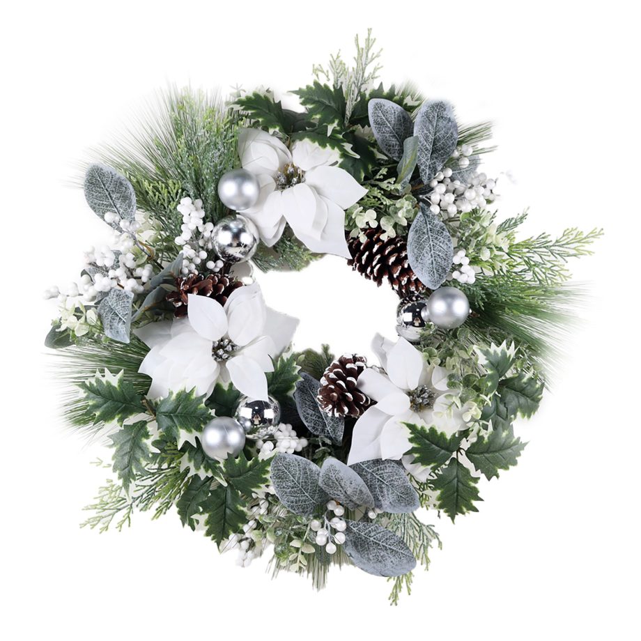 WREATH WHITE POINSETTIA 24" MIXED PINE W/ BERRIES & CHAMPAGNE BALLS