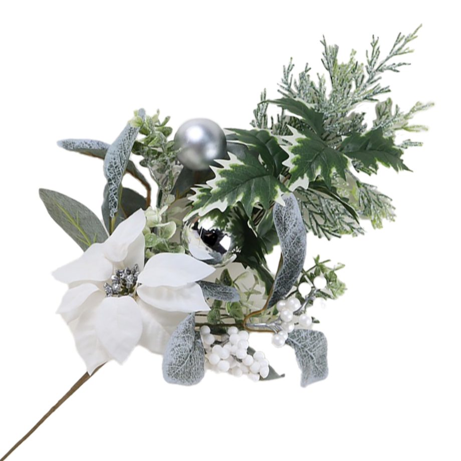 SPRAY WHITE POINSETTIA 24" MIXED GREENERY W/ PINECONES & SILVER BALLS