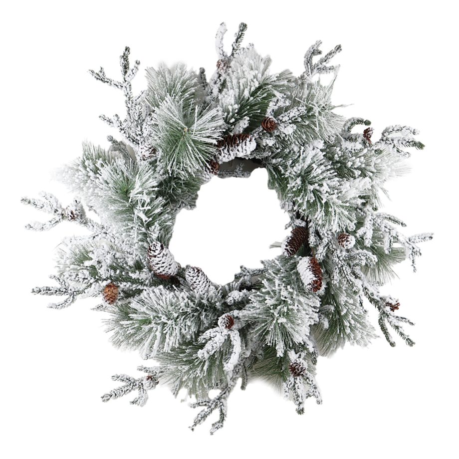 WREATH PINE FLOCKED 28" MIXED PINE W/ PINE CONES