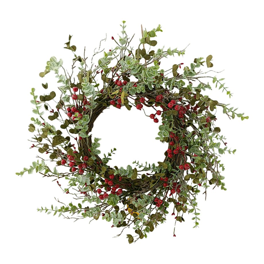 WREATH RATTAN 24" MIXED LEAVES W/ TWIGS & BERRIES