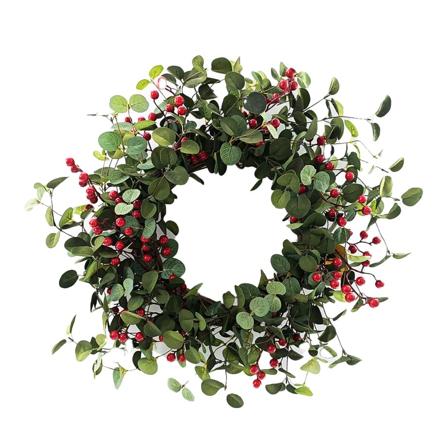 WREATH RATTAN 24" W/ EUCALYPTUS & RED BERRIES