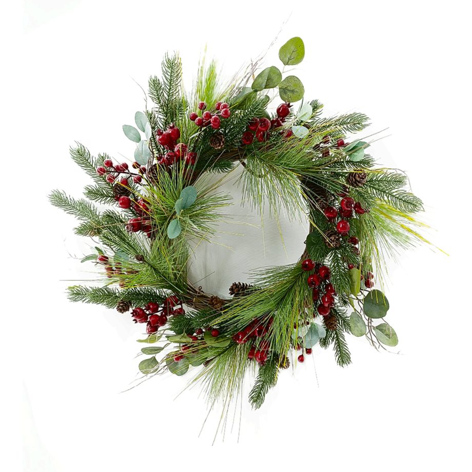 WREATH RATTAN 22" MIXED PINES W/ RED BERRIES