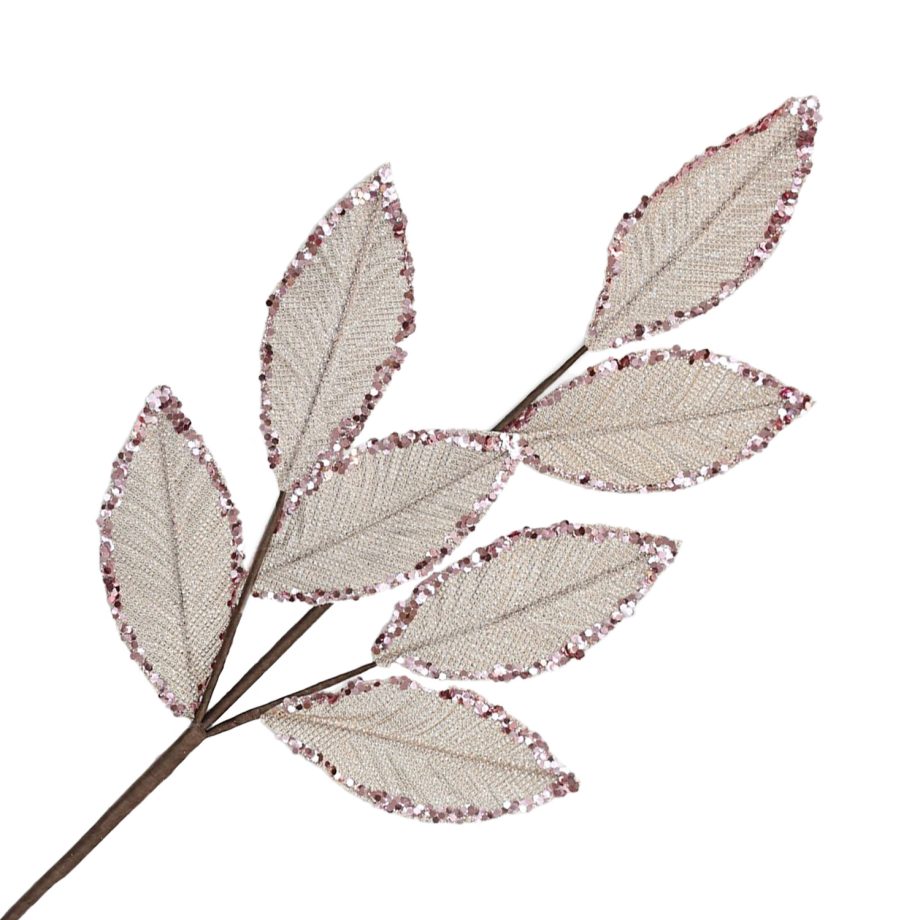 SPRAY LEAVES METALLIC 26" PINK W/GLITTER EDGE