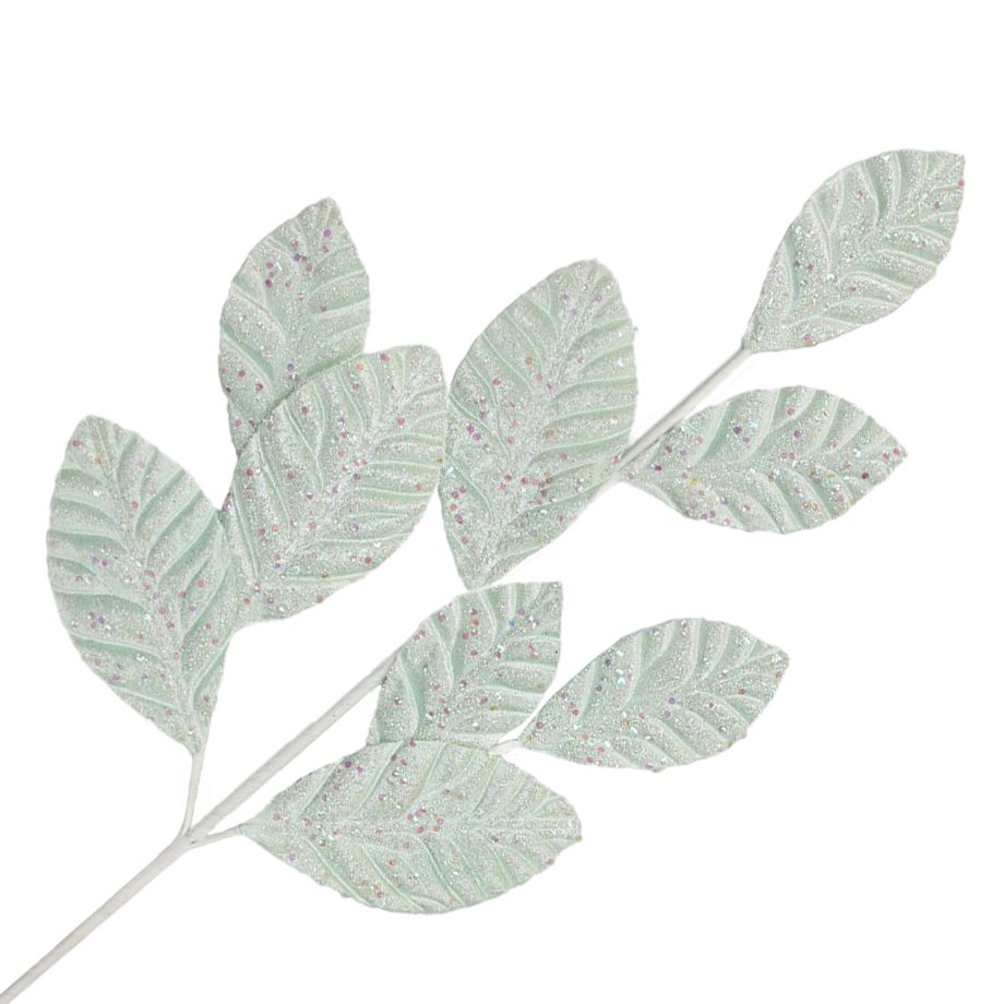 SPRAY LEAVES MAGNOLIA 26.5" MINT GREEN VELVET  W/ GLITTER