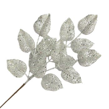 SPRAY LEAVES ROSE 22" WHITE/SILVER GLITTER