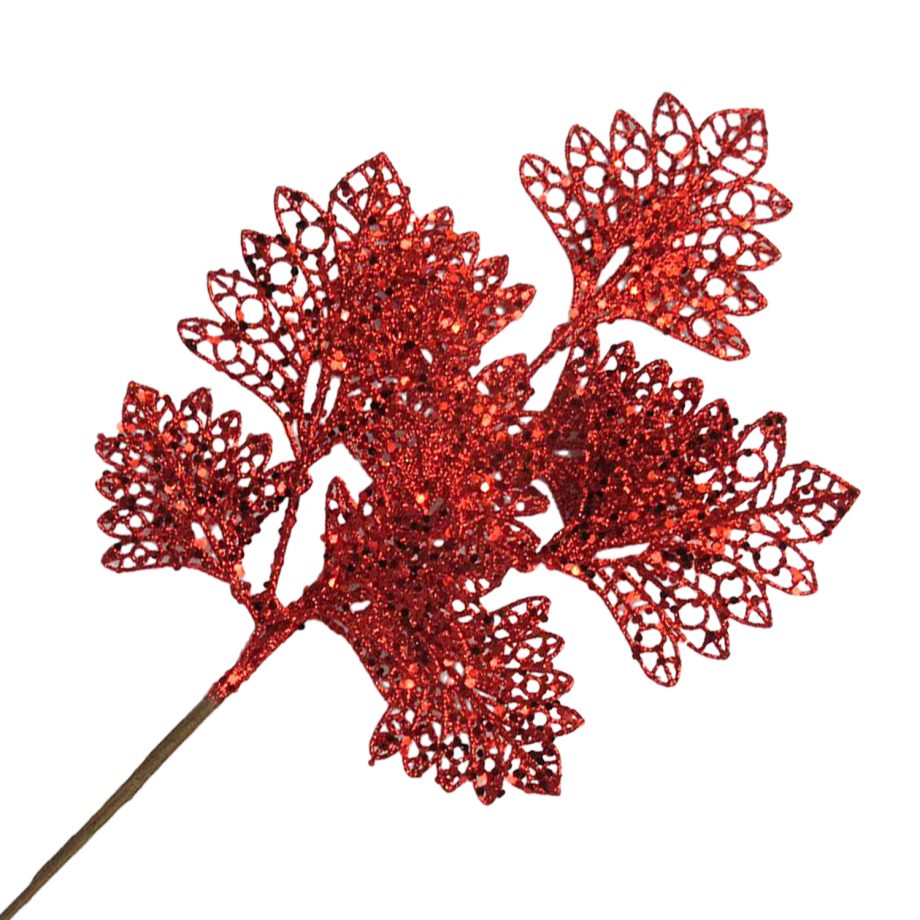 SPRAY LEAVES FAN SHAPE 18" RED GLITTER