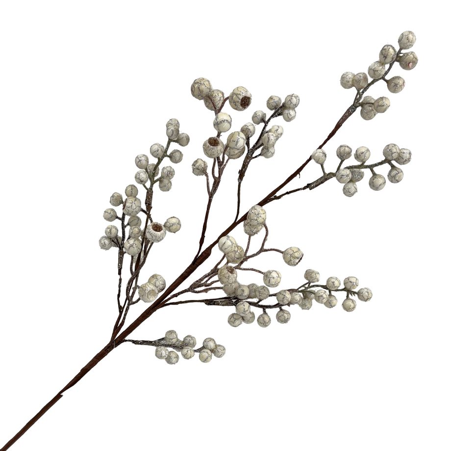 SPRAY BERRY CLUSTER 27.5" WHITE/SILVER  GLITTER