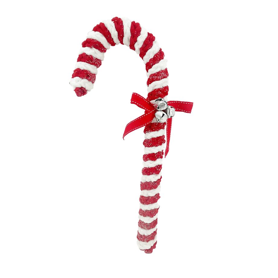 ORN CANDY CANE 17.5" RED /WHITE FABRIC W/ BELLS & BOW