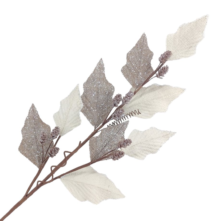 SPRAY LEAVES HOLLY 32 NATURAL/CREAM FROSTED W/ PINECONES