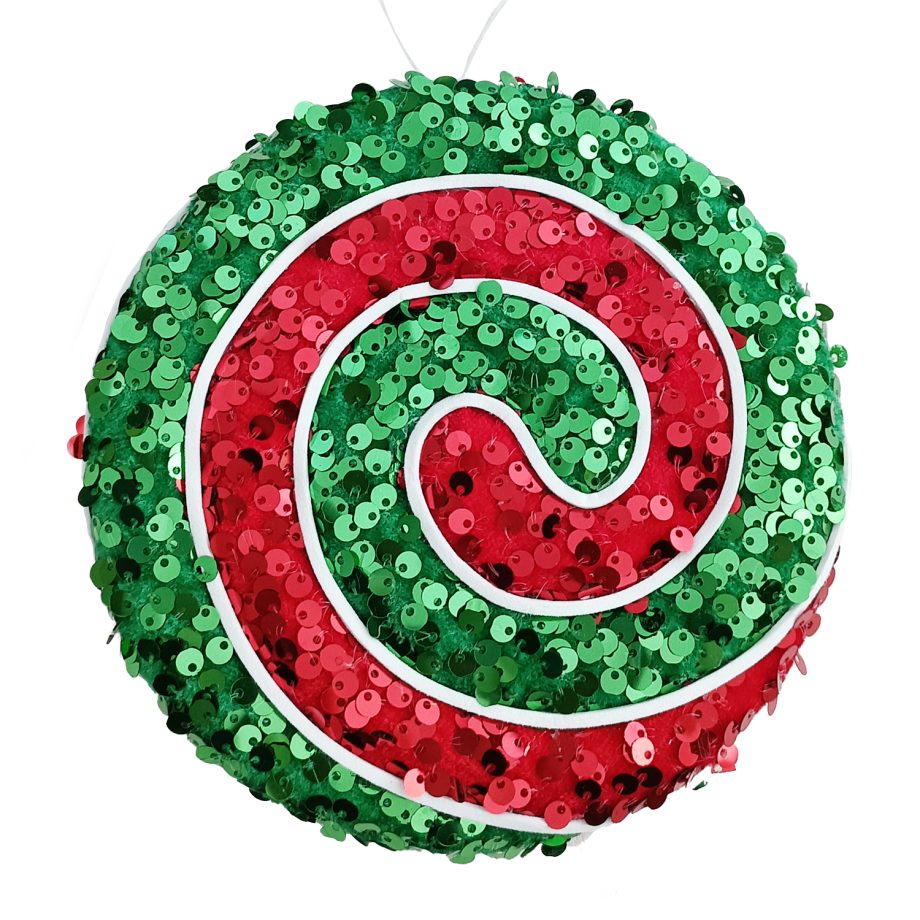 ORN CANDY SWIRL 6" RED/GREEN SEQUINS