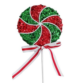 SPRAY CANDY SWIRL LOLLIPOP 21.5" RED/GREEN SEQUINS