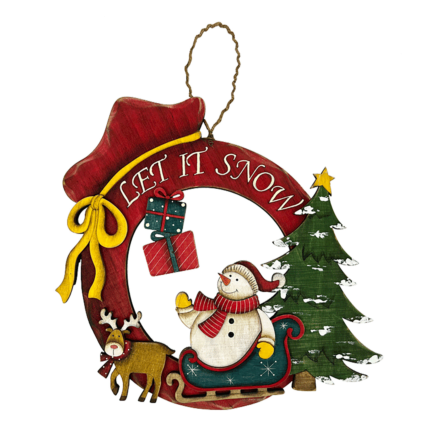 WOODEN WREATH SNOWMAN SCENE WALL DECOR 11" W/"LET IT SNOW"