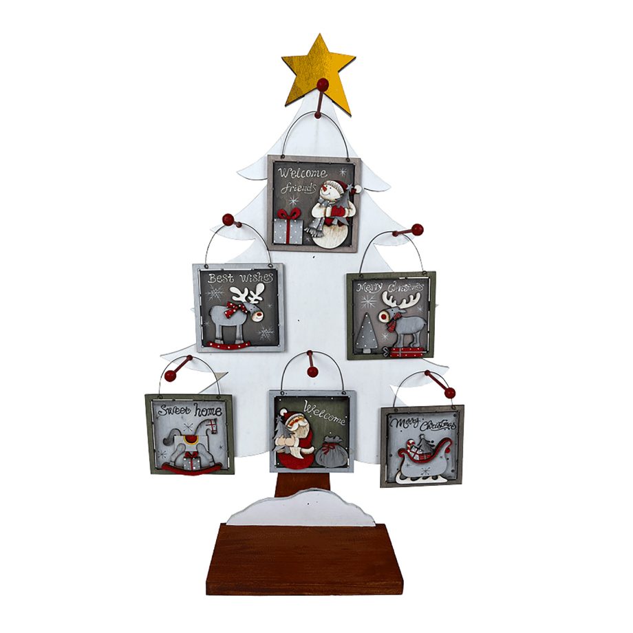 ORN DSP WOODEN SQUARE SIGNAGE SANTA/SNOWMAN/REINDEER/SLEIGH 4" W/TREE DISPLAY 6 ASSTD.
