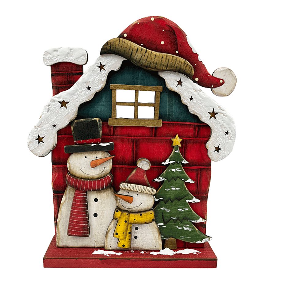 WOODEN SNOWMAN HOUSE STAND 13" W/SNOWY ROOF & SANTA HAT