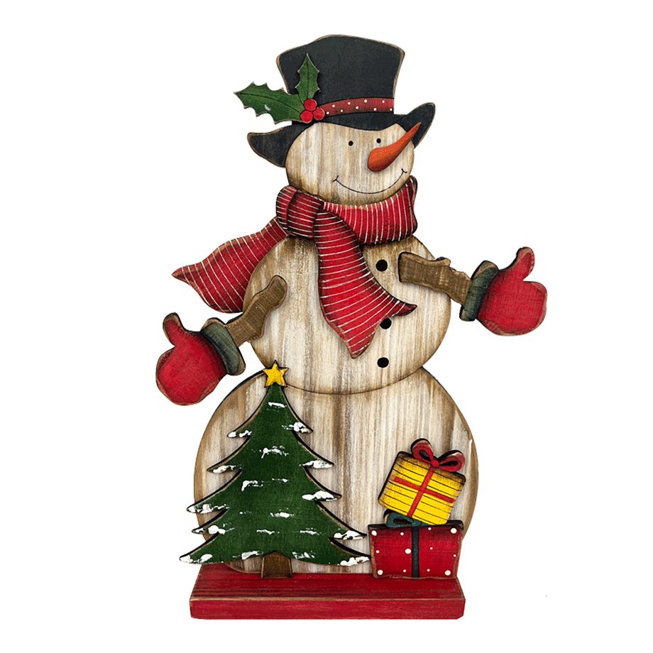 WOODEN SNOWMAN STAND 12.5" W/TREE AND PRESENTS