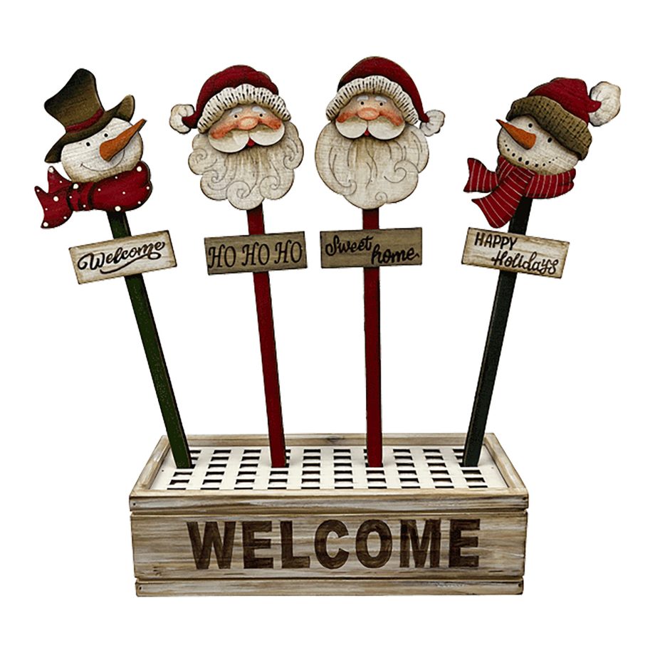 STAKE WOODEN DSP SANTA/SNOWMAN 12" W/DISPLAY BOX 4 ASSTD.
