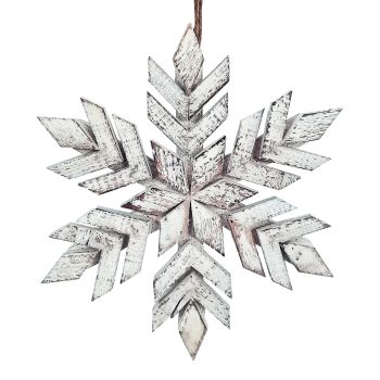 WOODEN SNOWFLAKE HANGING DECOR 10" WHITE WASHED
