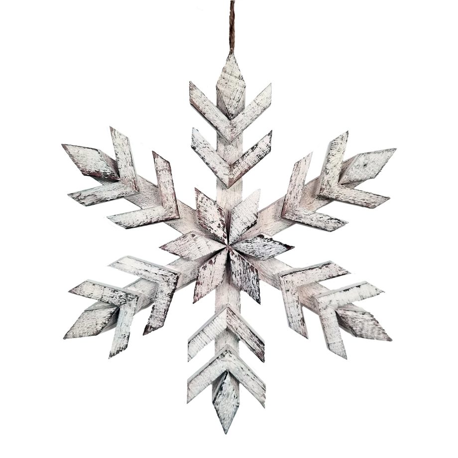 WOODEN SNOWFLAKE HANGING DECOR 14" WHITE WASHED