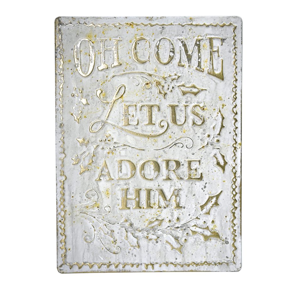 WALL DECOR METAL 10"X14" GOLD/WHT "LET US ADORE HIM"