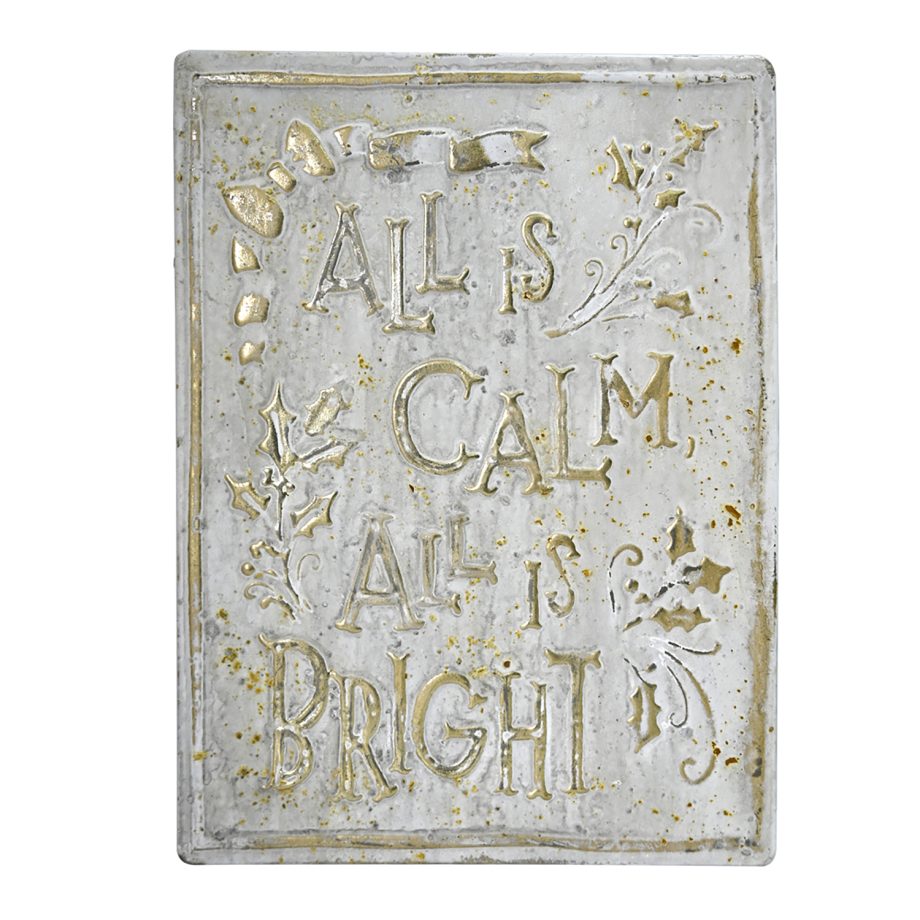 WALL DECOR METAL 10"X14" GOLD/WHT "ALL IS CALM & BRIGHT"