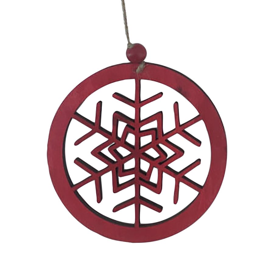 ORN WOODEN DISC SNOWFLAKE 6" RED