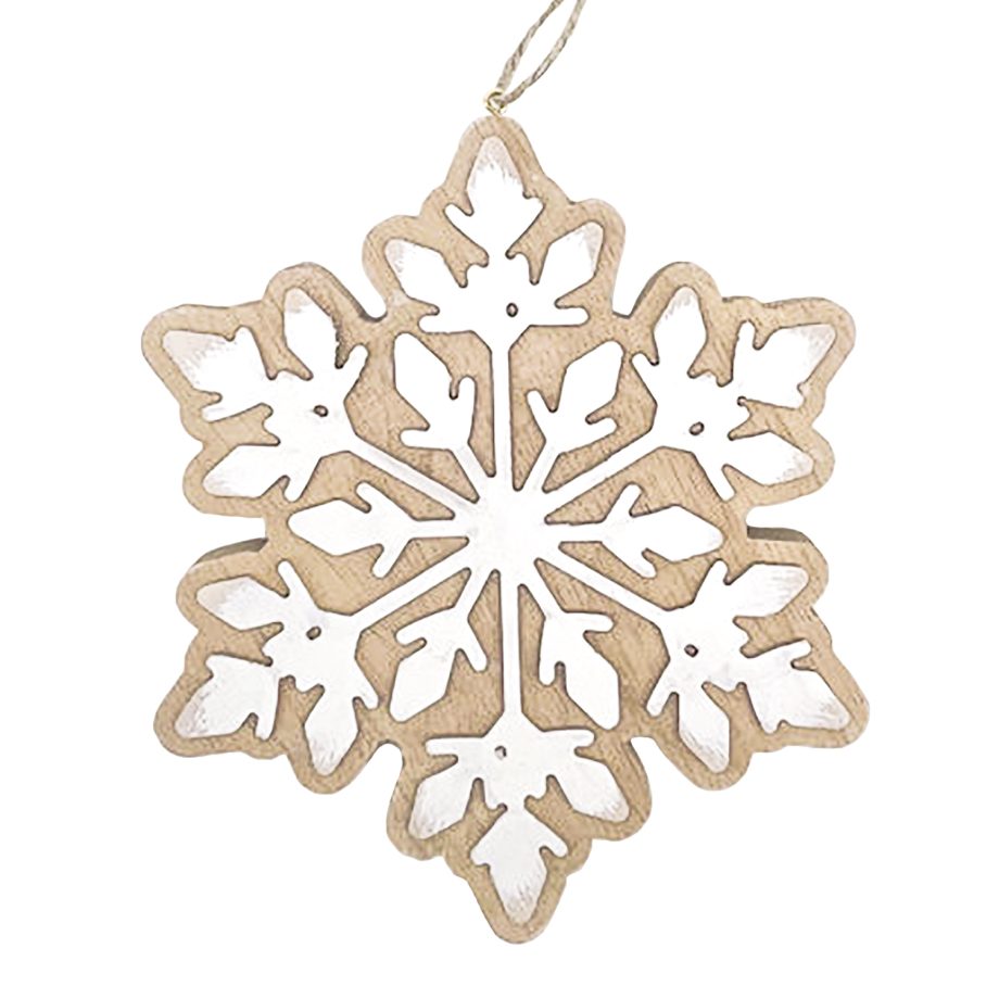 ORN WOODEN SNOWFLAKE 6.5" BROWN/WHITE