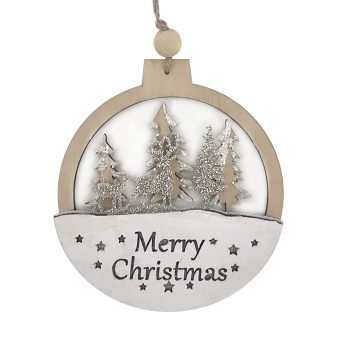 ORN WOODEN DISC "MERRY CHRISTMAS" 4.5" NATURAL/WHITE